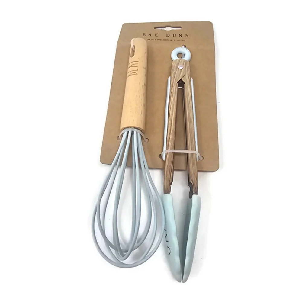 Rae Dunn Wooden Mini Whisk and Tongs with Light Blue Accents
